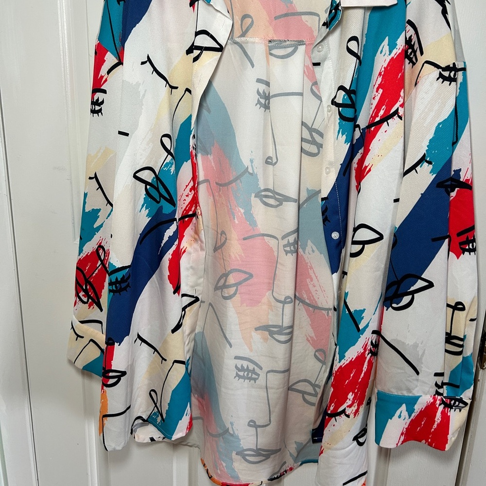 Abstract Face Print Button-Up Shirt